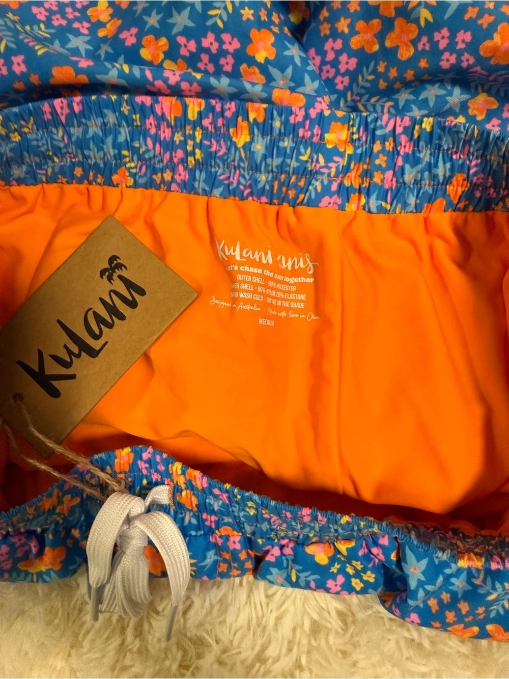Kulani Kinis Blue Floral Swim Trunks with Orange & Pink Accents